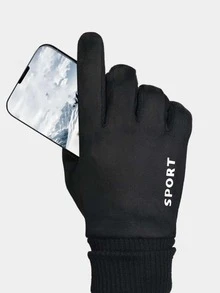 Men Letter Graphic Gloves - Black - View 4