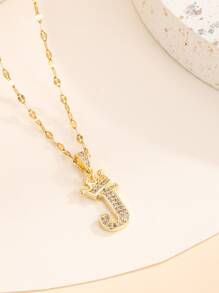 方晶鋯石字母吊墜項鍊 - 金黃色 - 查看 1