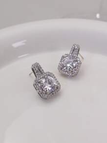 Cubic Zirconia Square Stud Earrings - Silver - View 2