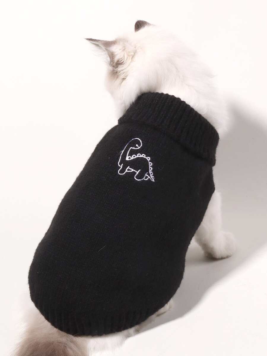1pc Dinosaur Embroidered Pet Sweater - Black - View 1