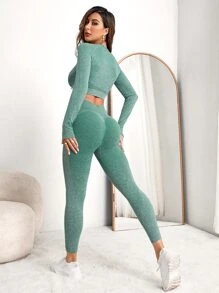 Seamless Raglan Sleeve Wide Waistband Sports Set - Mint Green - View 1