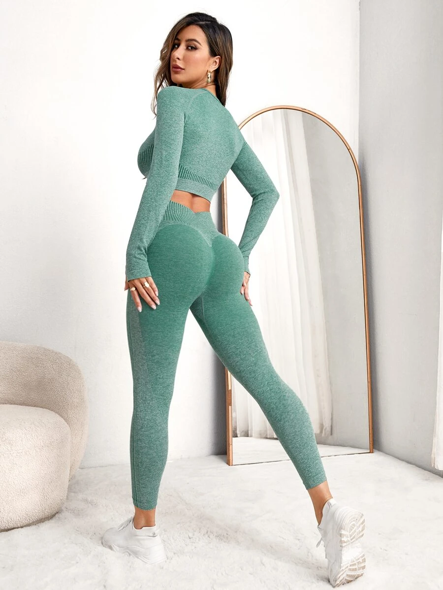 Seamless Raglan Sleeve Wide Waistband Sports Set - Mint Green - View 1