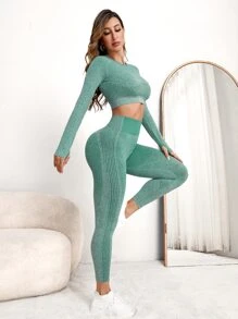 Seamless Raglan Sleeve Wide Waistband Sports Set - Mint Green - View 4