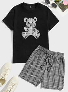Manfinity VCAY Men Bear Print Tee & Plaid Drawstring Waist Shorts - Multicolor - View 1