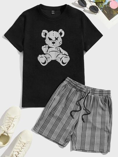 Guys Bear Print Tee & Plaid Drawstring Waist Shorts