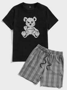 Manfinity VCAY Men Bear Print Tee & Plaid Drawstring Waist Shorts - Multicolor - View 5