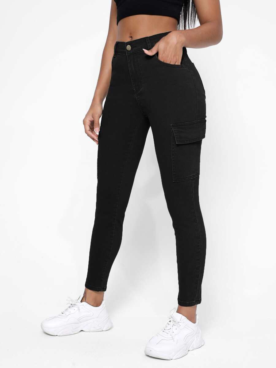 EURMUSE Flap Pocket Side Skinny Jeans - Black - View 1