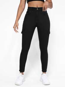 EURMUSE Flap Pocket Side Skinny Jeans - Black - View 3