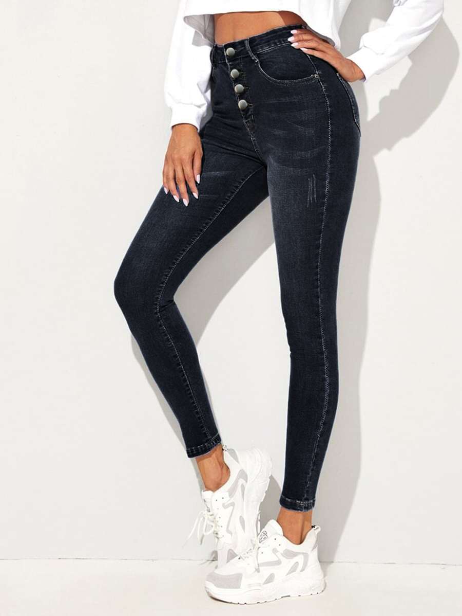EURMUSE Jeans ajustados con botón crop - Negro - Ver 1