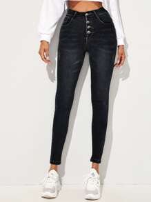 EURMUSE Jeans ajustados con botón crop - Negro - Ver 4