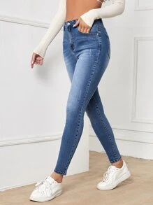 RueChic Solid Ripped Detail Cropped Skinny Jeans - Medium Wash - View 4
