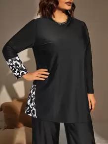 Swim Mulvari Summer Beach Plus Geo Print High Waist Modest Swimsuit - Black - View 4