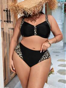 SHEIN Swim Curve Ensemble de bikini froncé de grande taille avec imprimé léopard pour la plage d'été