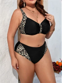 SHEIN Swim Curve Ensemble de bikini froncé de grande taille avec imprimé léopard pour la plage d'été