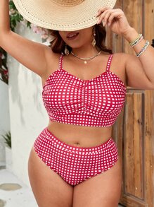 Plus Size Plaid Ruched Bikini Set Summer Beach - Red and White - View 1
