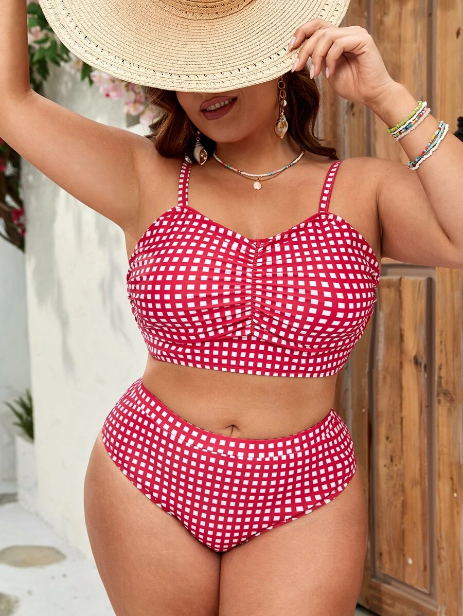 Plus Size Plaid Ruched Bikini Set Summer Beach - Red and White - View 1