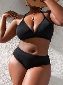 SHEIN Swim Curve Conjunto de bikini de punto acanalado con cuello halter para tallas grandes, ideal para la playa de verano - Negro - Ver 1