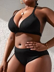 SHEIN Swim Curve Conjunto de bikini de punto acanalado con cuello halter para tallas grandes, ideal para la playa de verano - Negro - Ver 4