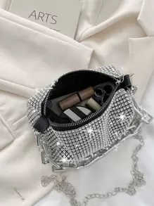 Lightweight,Business Casual Rhinestone Decor Bucket Bag Mini Drawstring Design, Clear Bag Faux Pearl Bag Evening Bag,Dinner Bag Glamorous,Elegant,Exquisite,Quiet Luxury Rhinestone For Party Girl,Woman,Bride Perfect For Party,Dinner/Banquetchristmas Party Dress - Silver - View 6