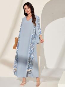 Al Najma 佩斯利印花镶片流苏细节长袍，端庄的长袖阿拉伯连衣裙