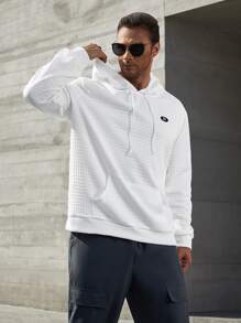 Manfinity Men Plus Letter Patched Detail Kangaroo Pocket Drop Shoulder Drawstring Hoodie - White - View 1