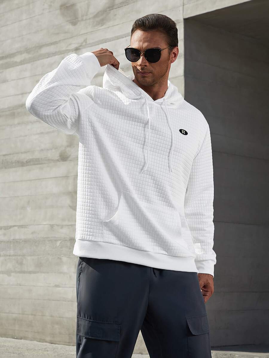 Manfinity Men Plus Letter Patched Detail Kangaroo Pocket Drop Shoulder Drawstring Hoodie - White - View 1