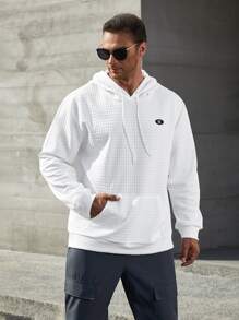 Manfinity Men Plus Letter Patched Detail Kangaroo Pocket Drop Shoulder Drawstring Hoodie - White - View 5