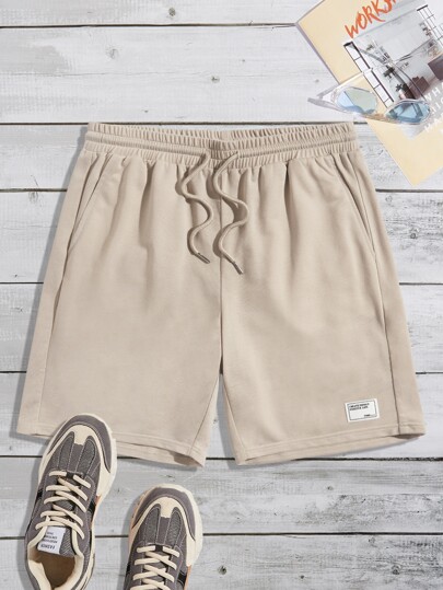 Pantaloncini casual da uomo con laccetto in vita, dettaglio con patch a lettera, semplici, adatti per vacanze, regalo per marito o fidanzato