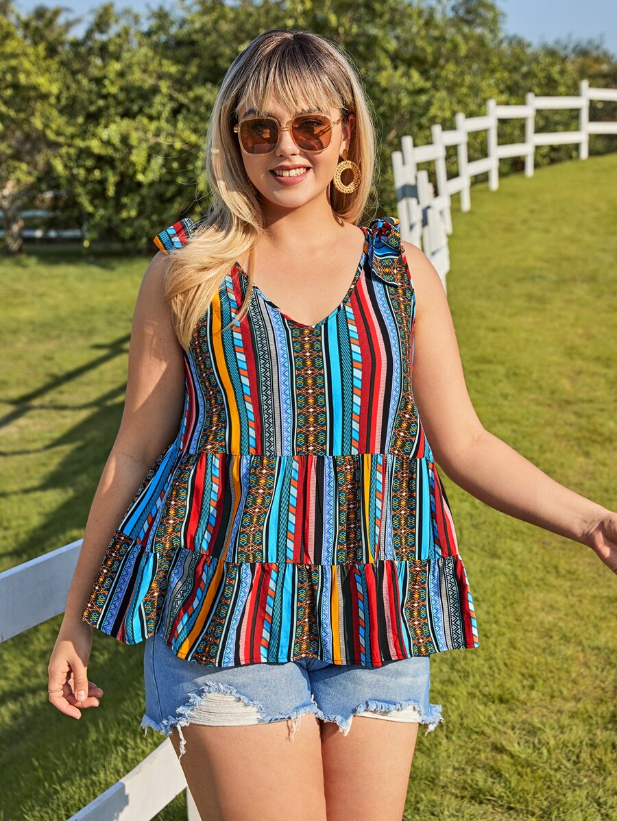 SHEIN VCAY 大碼肩部打結條紋圖案荷葉邊背心上衣 - 彩色 - 查看 1