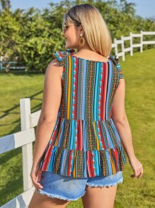 SHEIN VCAY 大碼肩部打結條紋圖案荷葉邊背心上衣 - 彩色 - 查看 2