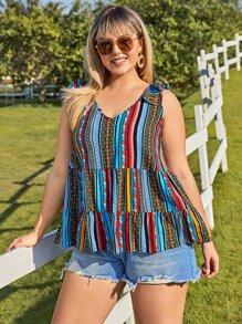 SHEIN VCAY 大碼肩部打結條紋圖案荷葉邊背心上衣 - 彩色 - 查看 5