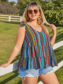 SHEIN VCAY 大碼肩部打結條紋圖案荷葉邊背心上衣 - 彩色 - 查看 6