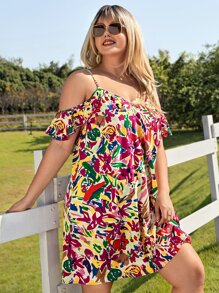SHEIN VCAY Vestido con estampado floral de hombros descubiertos - Multicolor - Ver 1