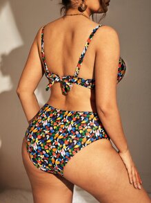 SHEIN Swim Curve 大尺碼小花卉印花增壓比基尼套裝，夏季沙灘必備 - 黑色 - 查看 2