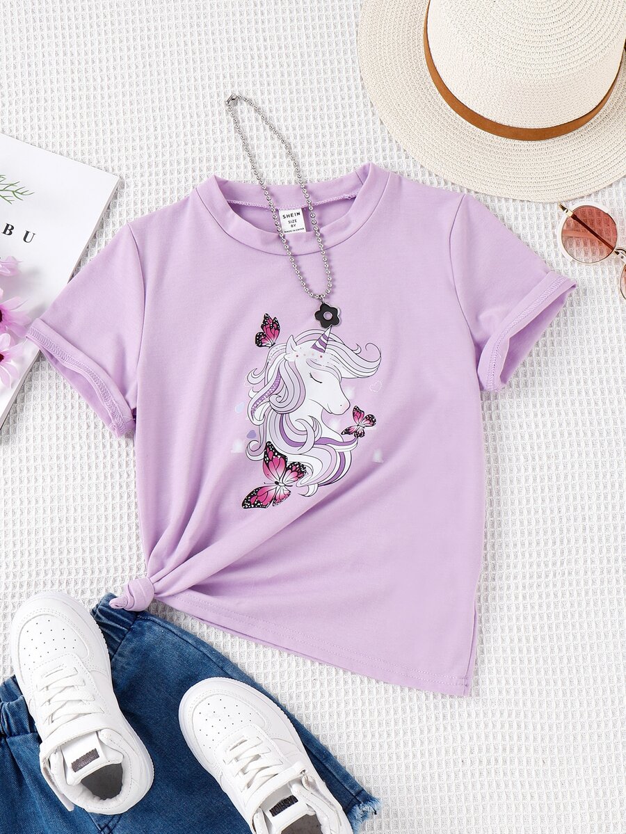 Girls Unicorn & Butterfly Print Tee - Lilac Purple - View 1