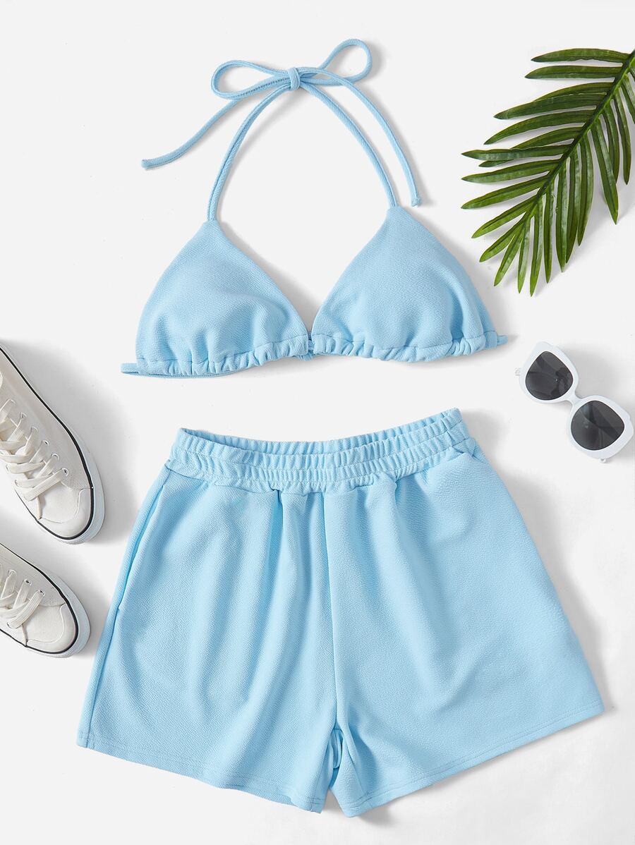 SHEIN Qutie 後背繫帶掛脖上衣和短褲 - 淺藍色 - 查看 1
