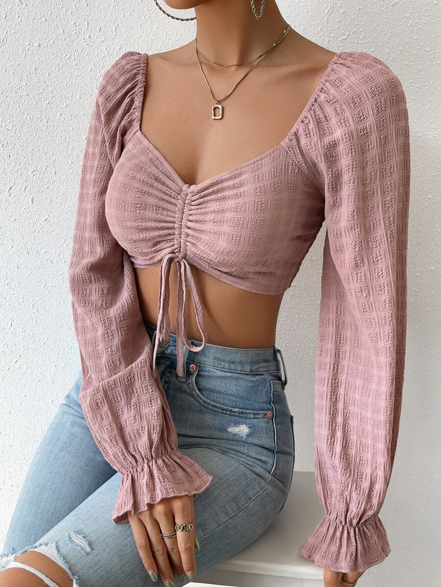 SHEIN WYWH Camisa crop escote corazón con cordón delantero de manga con volante - Rosa vieja - Ver 1