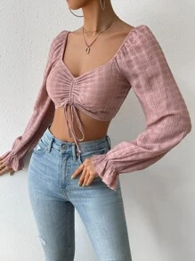SHEIN WYWH Camisa crop escote corazón con cordón delantero de manga con volante - Rosa vieja - Ver 3