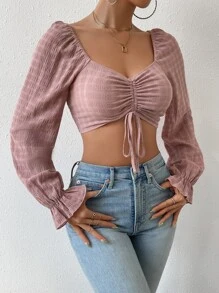 SHEIN WYWH Camisa crop escote corazón con cordón delantero de manga con volante - Rosa vieja - Ver 4