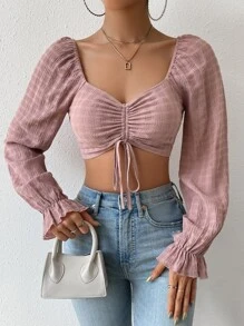 SHEIN WYWH Camisa crop escote corazón con cordón delantero de manga con volante - Rosa vieja - Ver 5