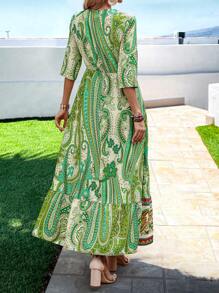 SHEIN VCAY 佩斯利和花圖案荷葉邊A字連衣裙 - 綠色 - 查看 2