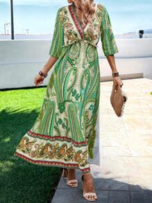 SHEIN VCAY 佩斯利和花圖案荷葉邊A字連衣裙 - 綠色 - 查看 3