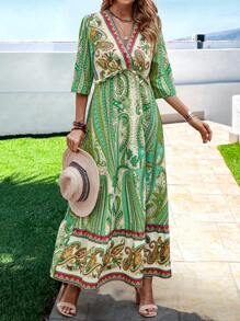 SHEIN VCAY 佩斯利和花圖案荷葉邊A字連衣裙 - 綠色 - 查看 4