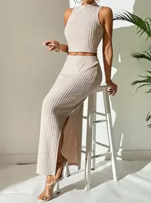 SHEIN Essnce Mock Neck Tank Top & Split Thigh Skirt - Apricot - View 1