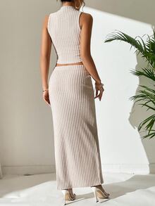 SHEIN Essnce Mock Neck Tank Top & Split Thigh Skirt - Apricot - View 2