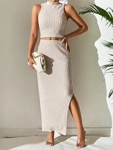 SHEIN Essnce Mock Neck Tank Top & Split Thigh Skirt - Apricot - View 6