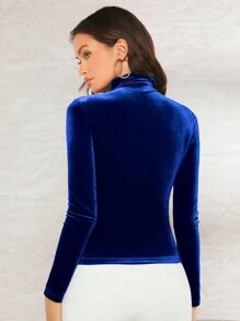 SHEIN BAE High Neck Velvet Tee - Royal Blue - View 2