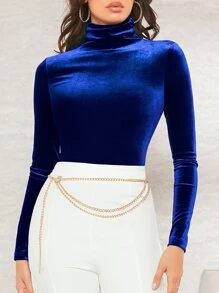 SHEIN BAE High Neck Velvet Tee - Royal Blue - View 3