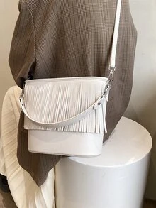 Túi đeo chéo Nữ mép màu trơn Có thể điều chỉnh được Tay cầm Top Đúng mốt - trắng - Xem 6