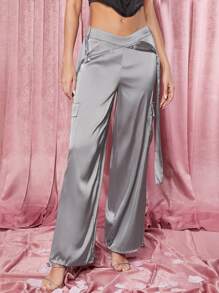 SHEIN BAE 側翻蓋口袋腰帶緞面工裝褲